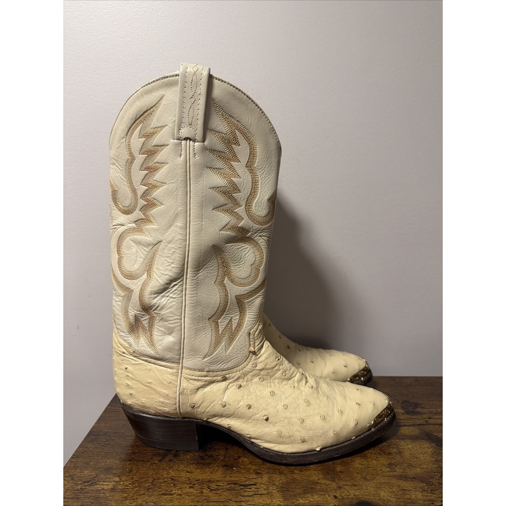 VTG Tony Lama Sz 10.5D Full Quill Ostrich Leather Boots, Made In USA, Bone/Beige